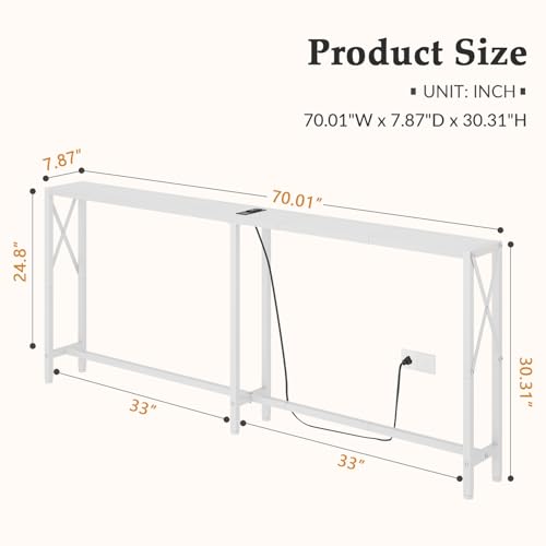 70-Inch White Sofa Table Behind Couch with Charging Station & Narrow Design - Modern Console