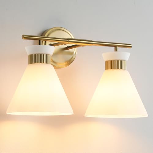 Gold 2-Light Bathroom Vanity Light Fixture - Mid Century Frosted Glass Sconces with Over Mirror Mount