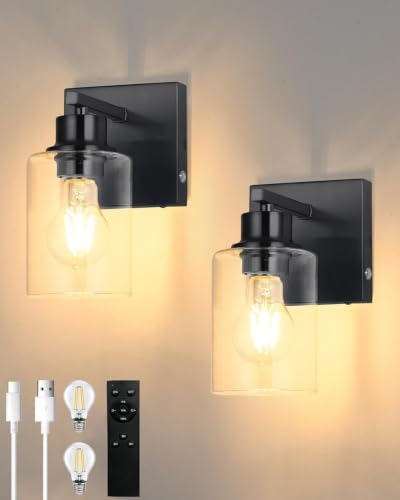 Black Wireless Battery Operated Wall Sconce Set of Two with Remote Control