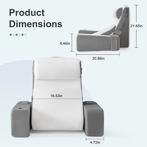Light Gray Reading Pillow for Bed with Adjustable Armrests & Side Pockets - 5PCS Set