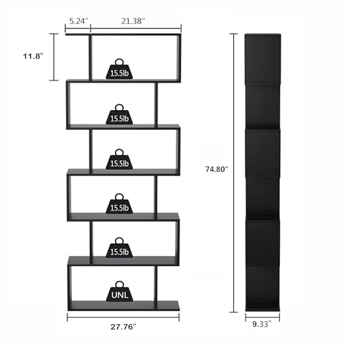 Yusong 6-Tier Geometric Bookcase Shelf Black 27.8"W x 9.4"D x 74"H Modern Wood Display