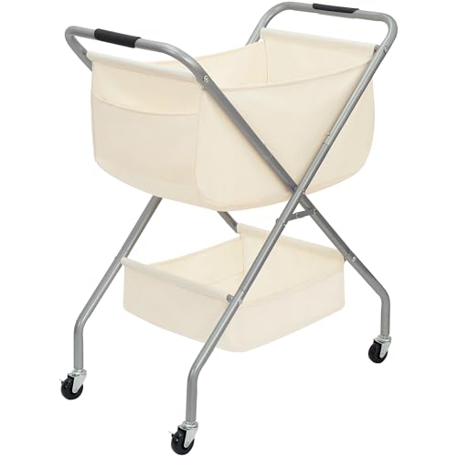 Storage Maniac Beige Collapsible Laundry Cart with Wheels, 31.5"H, Foldable Steel Frame & Canvas Liner
