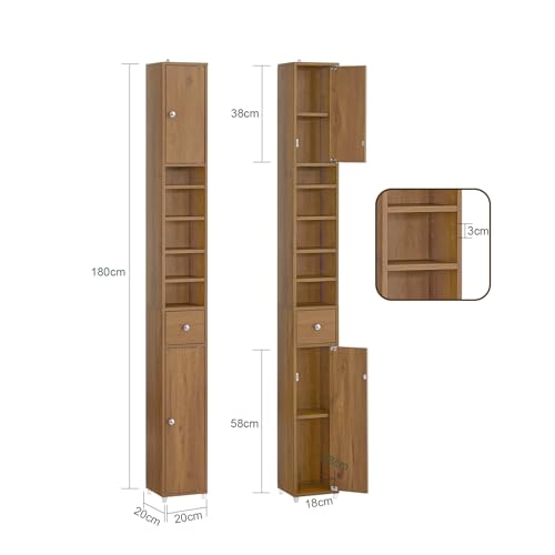 Natural Narrow Bathroom Storage Cabinet with Adjustable Shelves - Tall Floor Unit