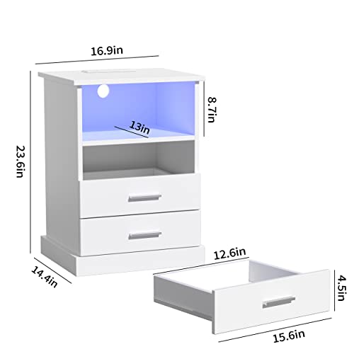 Nightstand with Charging Station & LED Lights - White End Table with 3 Drawers - Variation: White / One Nightstand