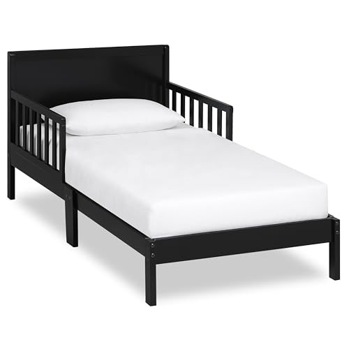 Toddler Bed with Safety Rails - Black, Low-to-Floor Design, Non-Toxic Pine Finish