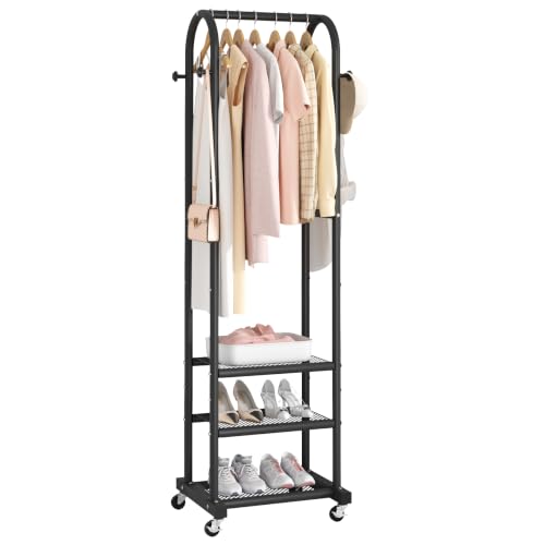 Kaitiemoo Clothing Rack, Mobile Garment Rack with Wheels & 3 Shelves,