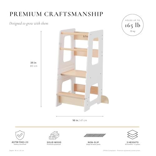White Wooden Toddler Kitchen Helper Tower with 3 Heights - Safe & Adjustable