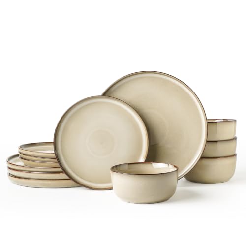 KINGSTONE 12-Piece Beige Stoneware Dinnerware Set for 4 with Reactive Glaze