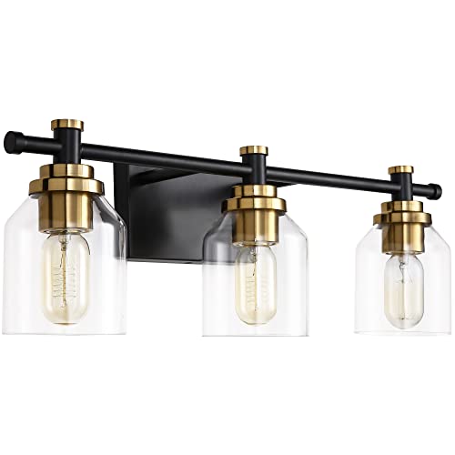 SOLFART Black and Brass 3-Light Bathroom Vanity Light Fixture Over Mirror Globe Style