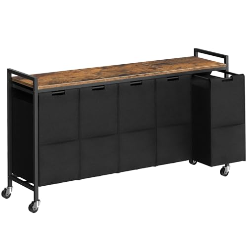 Laundry Sorter with 5 Removable Oxford Fabric Bags and Wheels - Rustic Brown & Black