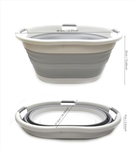 57L Collapsible Plastic Laundry Basket with Handles - Grey, Space Saving