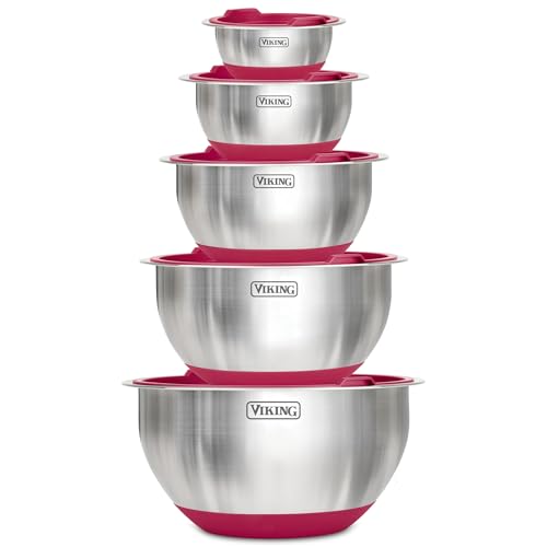 Viking 10-Piece Stainless Steel Mixing Bowl Set with Red Non-Slip Silicone Base & Lids