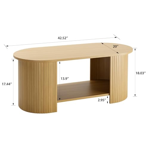 Oak MXV Oval Fluted Coffee Table 2-Tier Mid Century Modern Center Table with Storage - 42 Inches
