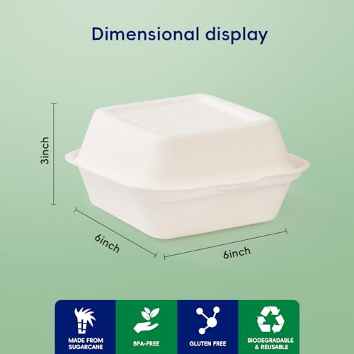 White 6-Inch Sugarcane To-Go Food Containers - 1-Compartment Clamshell, Eco-Friendly, Leak-Proof, 200 Pack