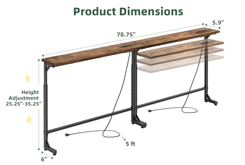 Simple Trending 78.75-Inch Narrow Console Table with Outlets, Adjustable Height Rustic Brown Sofa Side Table