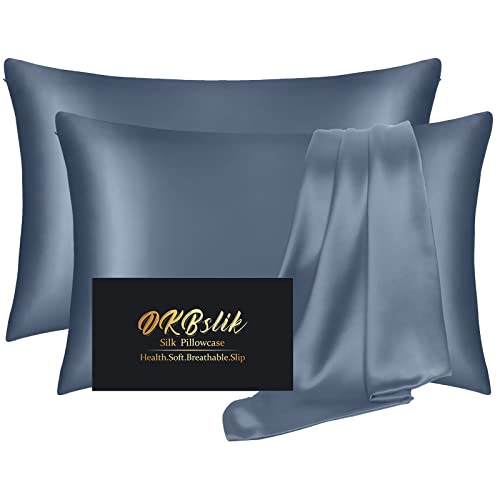 DKBslik Ash Blue Silk Pillow Cases 2 Pack Standard Size with Hidden Zipper