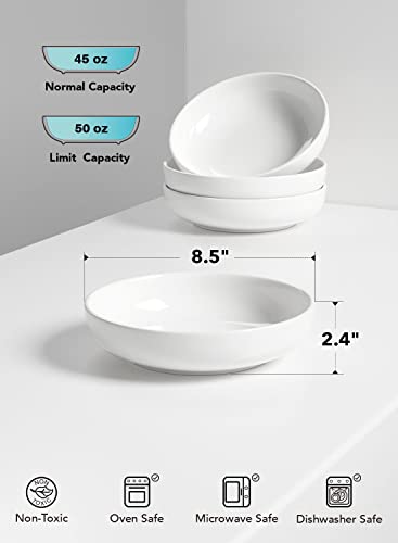 Large 8.5 Inch Pasta Bowls Set of 4 - White, 45 oz Microwave Safe Serving Plates