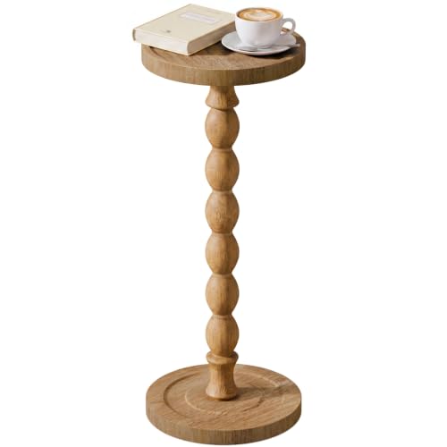 iFaveorr Brown Small Round Side Table 9.4"W x 23.8"H Rubberwood Accent Table