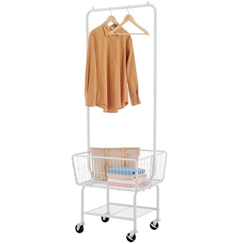 White Rolling Laundry Cart with Hanging Rack & Storage Basket - Multi-Functional Organizer