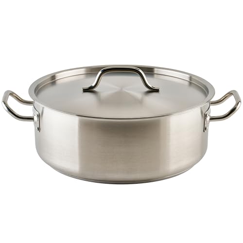 Winco 15 Qt Stainless Steel Brazier Pan with Lid - Commercial Kitchen Cookware