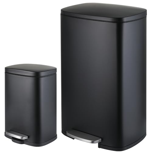 Black Stainless Steel 13.2+1.3 Gallon Trash Can Set with Pedal and Soft-Close Lid