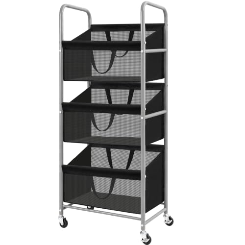 Black Mesh 3-Tier Vertical Laundry Hamper with Removable Bags, Rolling & Lockable Wheels