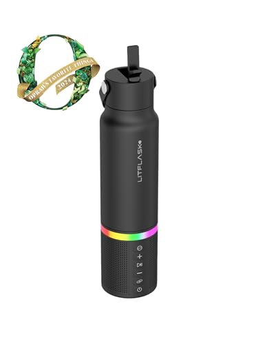 LitFlask Black 20oz Insulated Water Bottle with Bluetooth Speaker & Charger