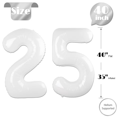 White Number 25 Balloon 40 inch, 25 Number Balloons, 25th White Birthday Decorations for Girls Boys 25 Year Old Party Supplies