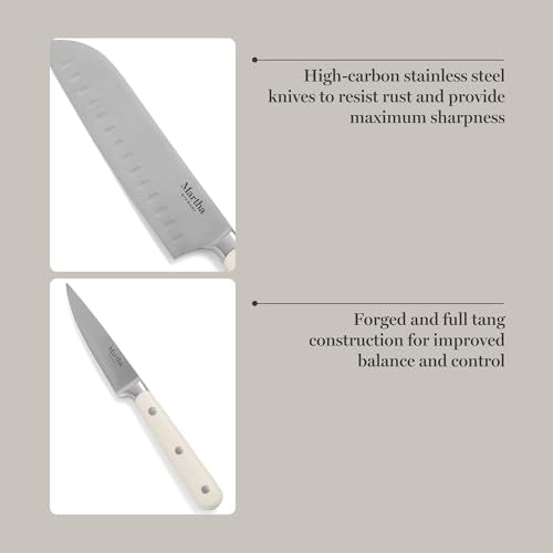 High Carbon Stainless Steel Knife Set with Acacia Wood Block - Linen White, 14 Pieces - Knife Block Set
