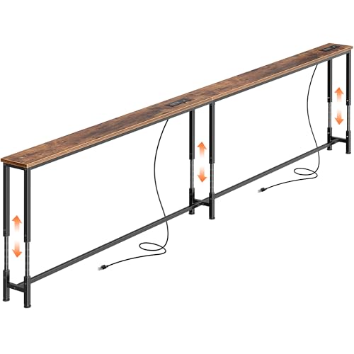 Huuger Rustic Brown 102.4 Inch Sofa Table with Power Outlets, Adjustable Height Behind Couch