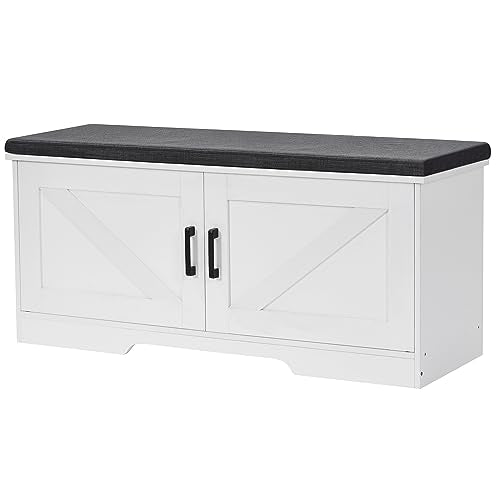White Farmhouse Shoe Storage Bench with Barn Doors & Padded Seat Cushion – 39.4" Wide