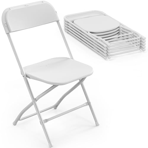 Bonnlo Folding Chairs Set of 6 - White Plastic Seat with Metal Frame, Perfect for Parties & Events