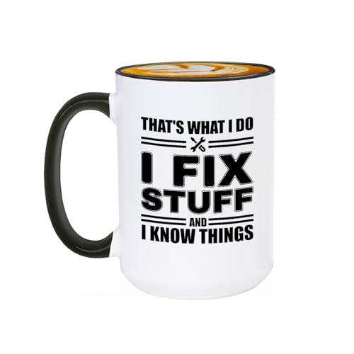 Veracco Black 15oz Funny Mechanic Mug for Dad - I Fix Stuff & Know Things