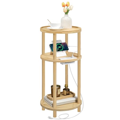 HOOBRO Natural Bamboo Small Round Side Table with Charging Station - 3-Tier, Compact End Table for Living Room & Bedroom, Easy Assembly (YL152UBZ01)