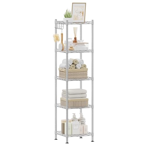 Silver 5-Tier Bathroom Shelf Storage Rack - Space Saver, Adjustable & Extendable