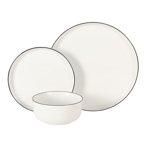 Porcelain Dinnerware Set for 4 - White with Black Rim, 12 Pieces
