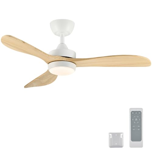 VONLUCE 42 Inch Wooden Ceiling Fan with Lights, White, Downrod Mount, Natural Wood Finish