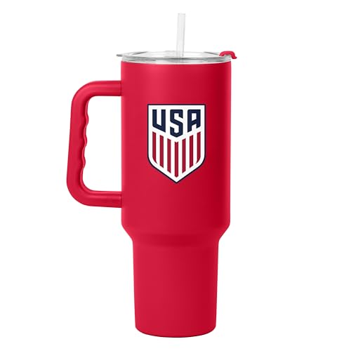 USA Logo Brands 40 oz Soccer Tumbler with Handle & Straw - Powder Coated Stainless Steel, Leak-Resistant, Keeps Drinks Cold