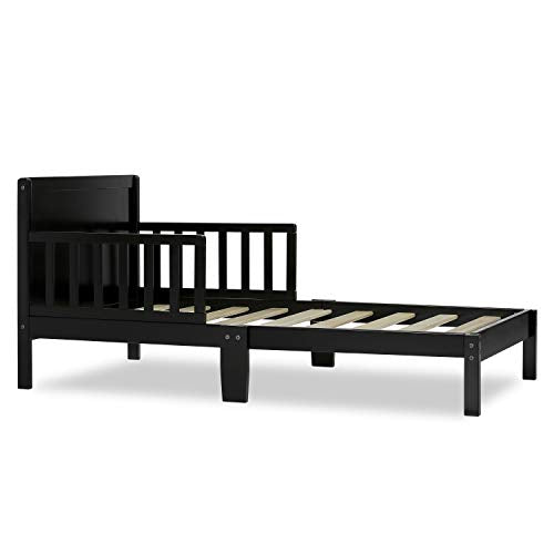 Toddler Bed with Safety Rails - Black, Low-to-Floor Design, Non-Toxic Pine Finish