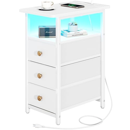 Yoobure White End Table with Charging Station & 3 Fabric Drawers - Slim Nightstand for Small Spaces