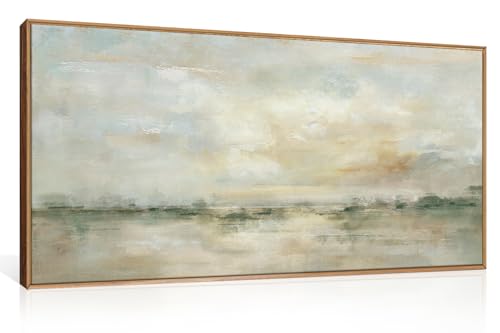Neutral Green Gray Pastel Framed Canvas Wall Art - Lake Landscape, 40x20 inches Variation of THIS listing