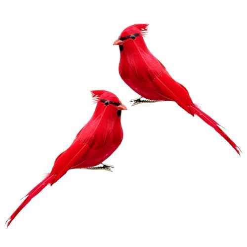 2pcs Red Cardinals Birds Decor Cover with Feather 5.5inch Clip on Artificial Bird Figurines for Crafts Decoration Christmas Tree Ornaments