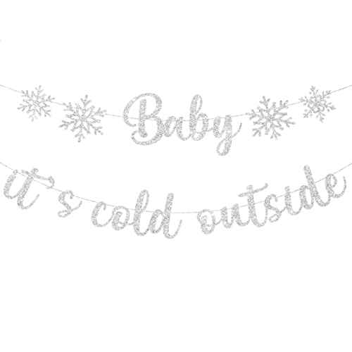 Baby It's Cold Outside Party Decorations Banner Cake Topper, Glittery Snowflake Banner Christmas Decorations Winter Wonderland Baby Shower Holiday Garland Photo Props Banner for Party Home Decorations