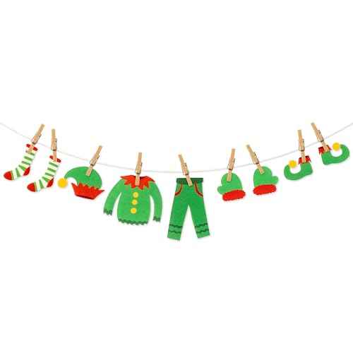 Christmas Elf Clothesline Banner - 23P Elf's Laundry Line Decor, Merry Christmas Bunting Garland Felt Gathering Hanging Accessories for Xmas Party Home Door Fireplace Office Indoor Outdoor