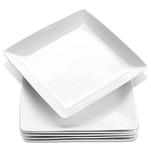 Porcelain Square Dinner Plates Set of 6 - 10.75 Inch White Serving Plates for Steak, Pasta, Salad & Snacks - Microwave & Dishwasher Safe