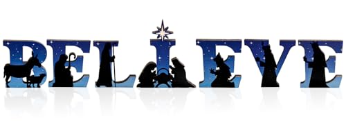 Believe Nativity Scene Wooden Sign - Christmas Tabletop Decor