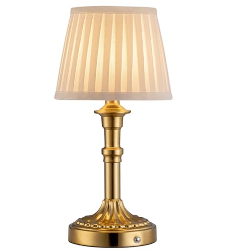 KDG Gold Cordless Table Lamp with Beige Fabric Shade - Portable Desk Light