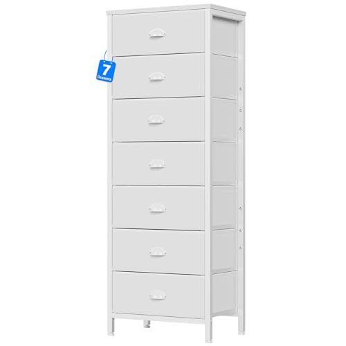 White Tall Dresser with 7 Fabric Drawers for Bedroom Storage - 11.8"D x 15.8"W x 43.3"H