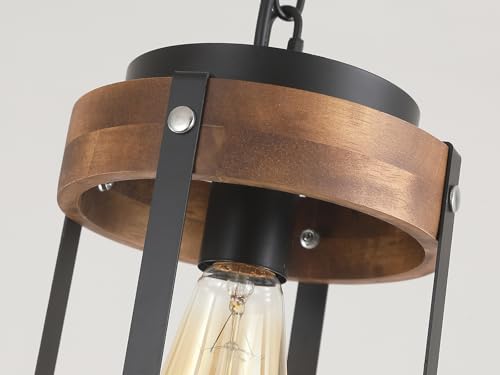 Small Pendant Light 2 Pack Rustic Farmhouse Wood and Metal Fixture - Adjustable Chain