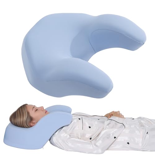 Back Sleeping Training Pillow with Memory Foam & Adjustable Height - Neck & Shoulder Support, 2 Washable Covers, Blue